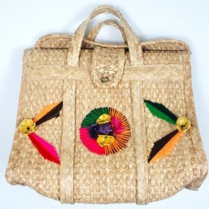 Vintage Wicker and Straw Woven and Neon Embroidered Mexico Boho Summer Bag